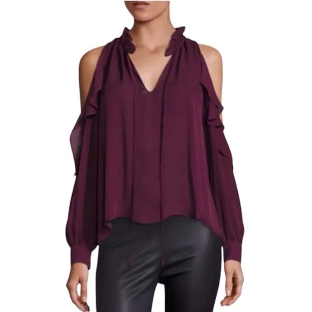 Parker Marjorie Silk Ruffles Boho Balloon Sleeves Shoulder Blouse Top V Neck S